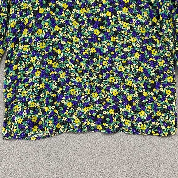 Zara Top Womens Small Oversized Button Up Long Bishop Sleeve Ditsy Yellow Blue - Picture 3 of 15